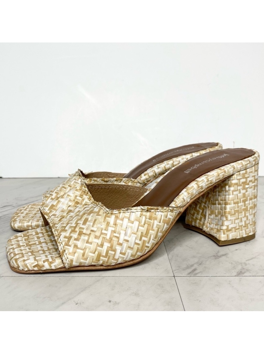 Jeffrey Campbell Melange White Tan Woven Block Heel Sandal 9
